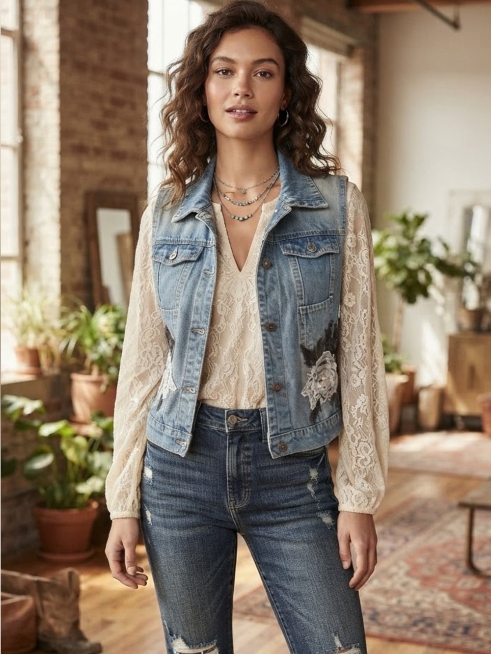 Paisley Vine Denim Vest L Lace And Flower Appliqué Whimsy Fairy Boho Western